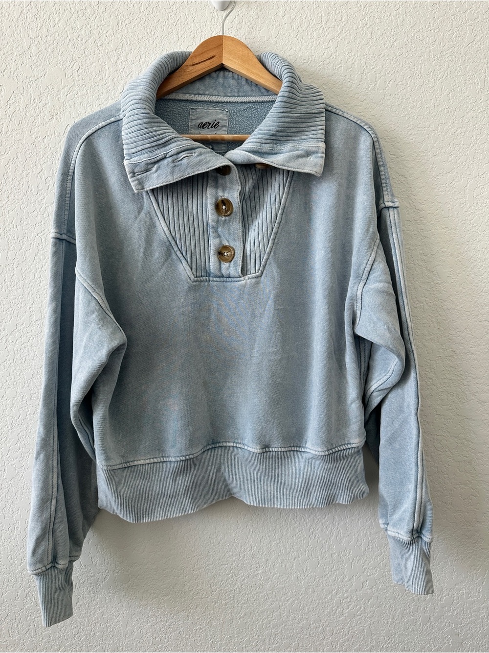 Aerie Size Medium Blue Oversized Button Collar Sweater - Picture 2 of 9